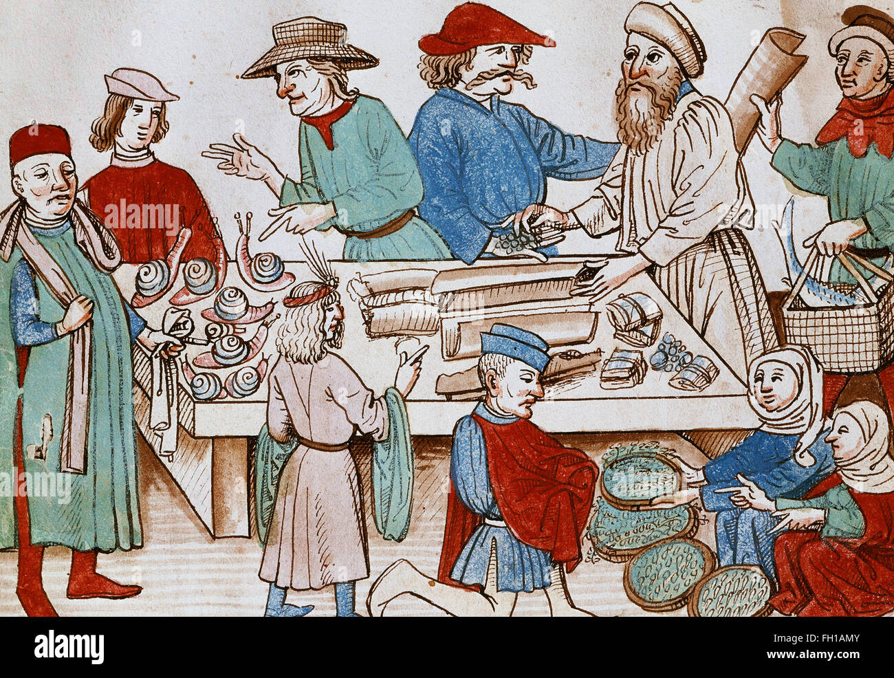 A Market scene. Miniature from the Chronicle of Ulrich of Richenthal. 1438. National Library, Prague, Czech Republic. Stock Photo