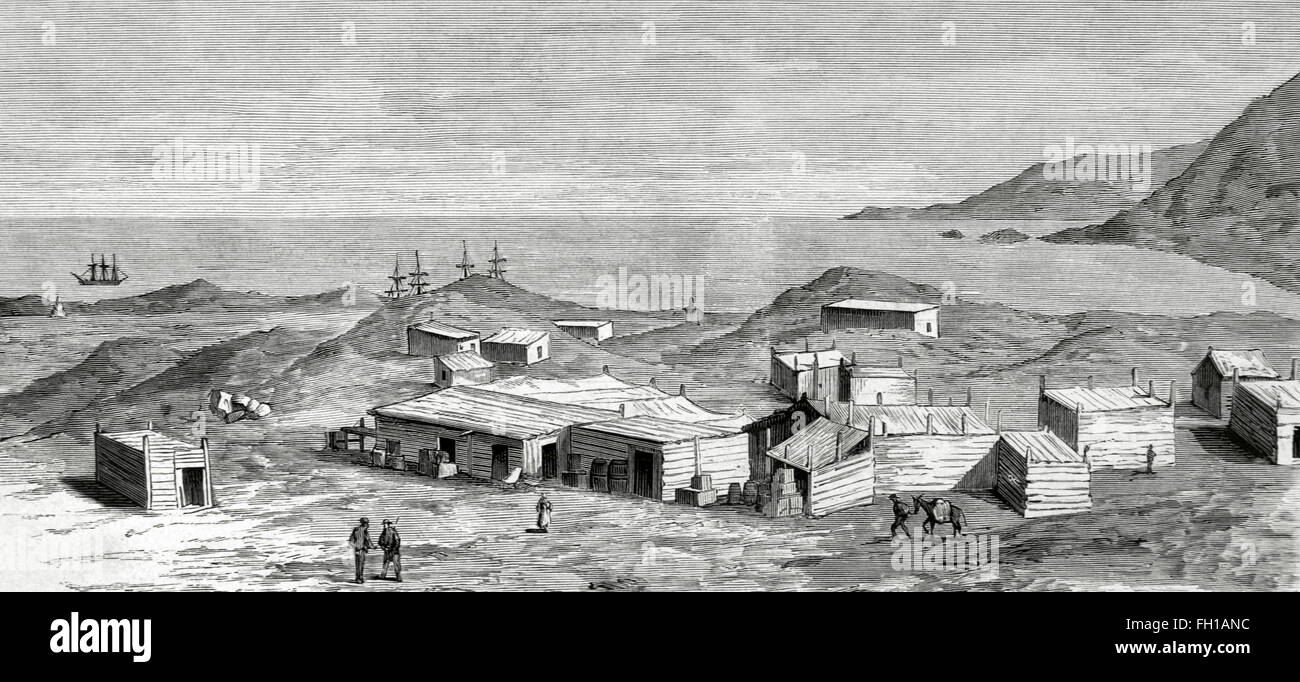 War of the Pacific (1879-1883). Western South America with Bolivia and Peru in front of Chile as a belligerant. Iquique. Lepanto camp established by the Spanish merchants on the outskirts of the town. Engraving by Batlle. Stock Photo