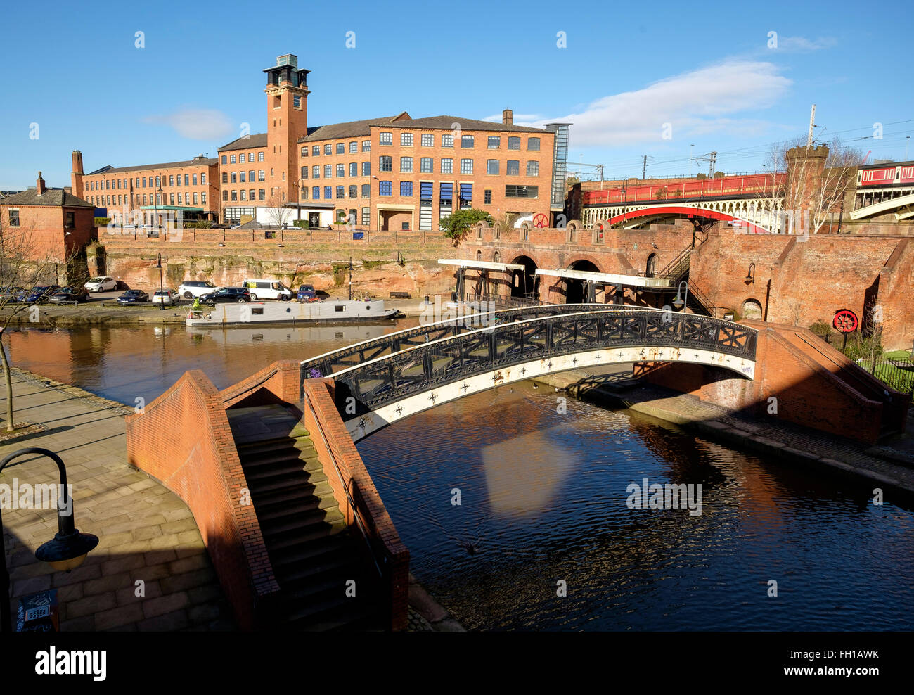 Manchester, UK - 15 February 2016: The end of the Bridgewater Canal at the inner city conservation area of Castlefield. Stock Photo