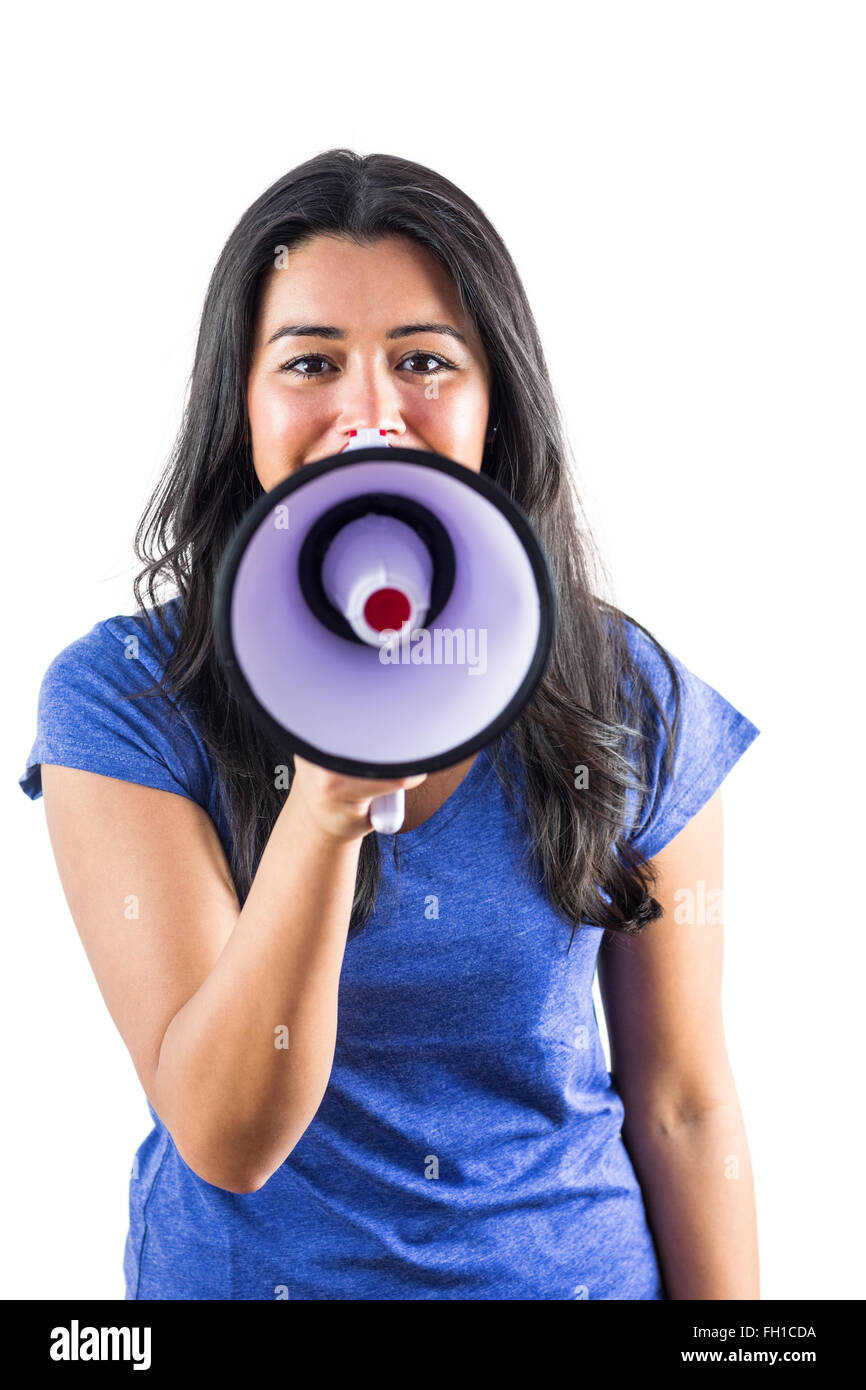 Woman shouting into a megaphone Stock Photo Alamy
