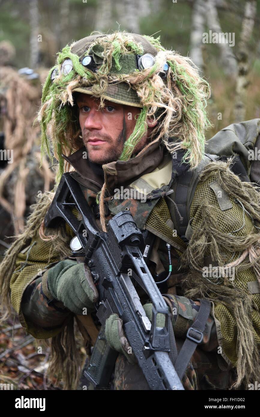 Sniper of Sniper Platoon, 2nd Company, 232nd Mountain Infantry Battalion of 23rd Mountain Infantry Brigade during a force on force exercise at the German Army Combat Training Center in Letzlingen. Stock Photo