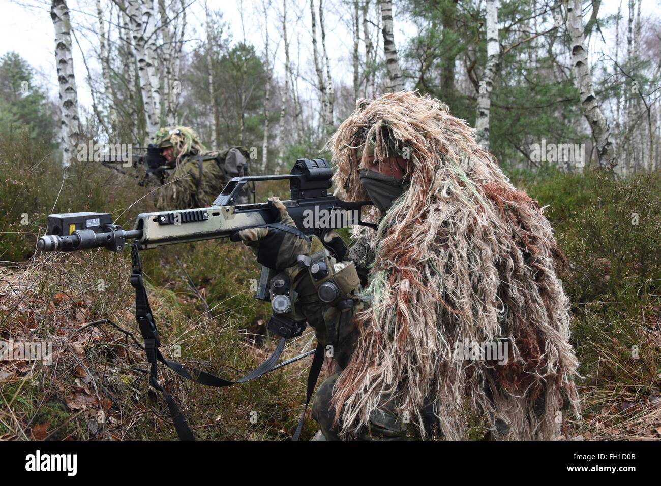 Sniper of Sniper Platoon, 2nd Company, 232nd Mountain Infantry Battalion of 23rd Mountain Infantry Brigade during a force on force exercise at the German Army Combat Training Center in Letzlingen. Stock Photo