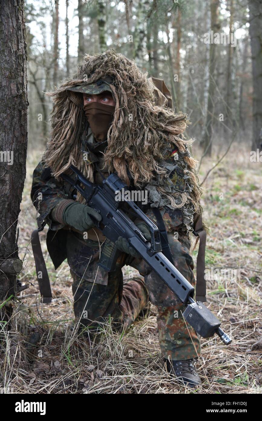 Sniper of Sniper Platoon, 2nd Company, 232nd Mountain Infantry Battalion of 23rd Mountain Infantry Brigade during a force on force exercise at the German Army Combat Training Center in Letzlingen. Stock Photo