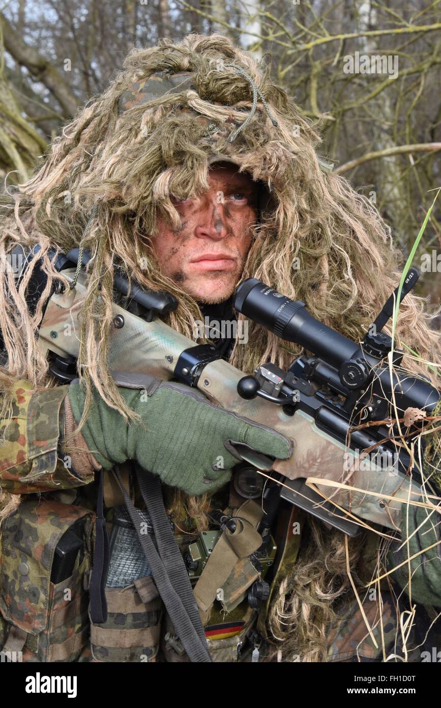 Sniper of Sniper Platoon, 2nd Company, 232nd Mountain Infantry Battalion of 23rd Mountain Infantry Brigade during a force on force exercise at the German Army Combat Training Center in Letzlingen. Stock Photo