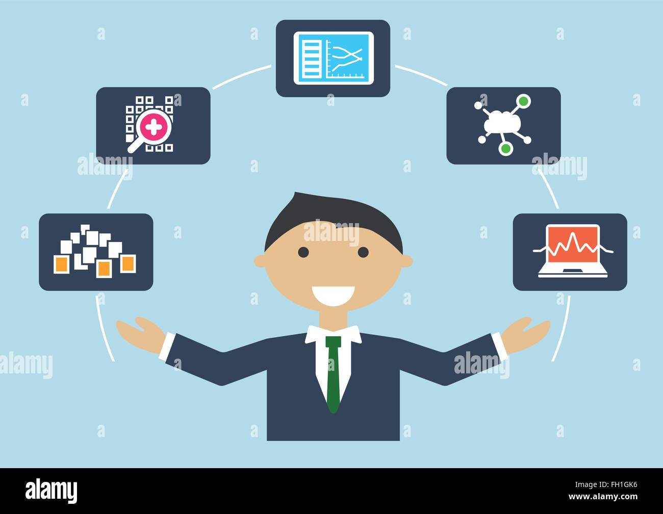 Vector Illustration of IT expert with job profile of a big data scientist or data analyst Stock Vector