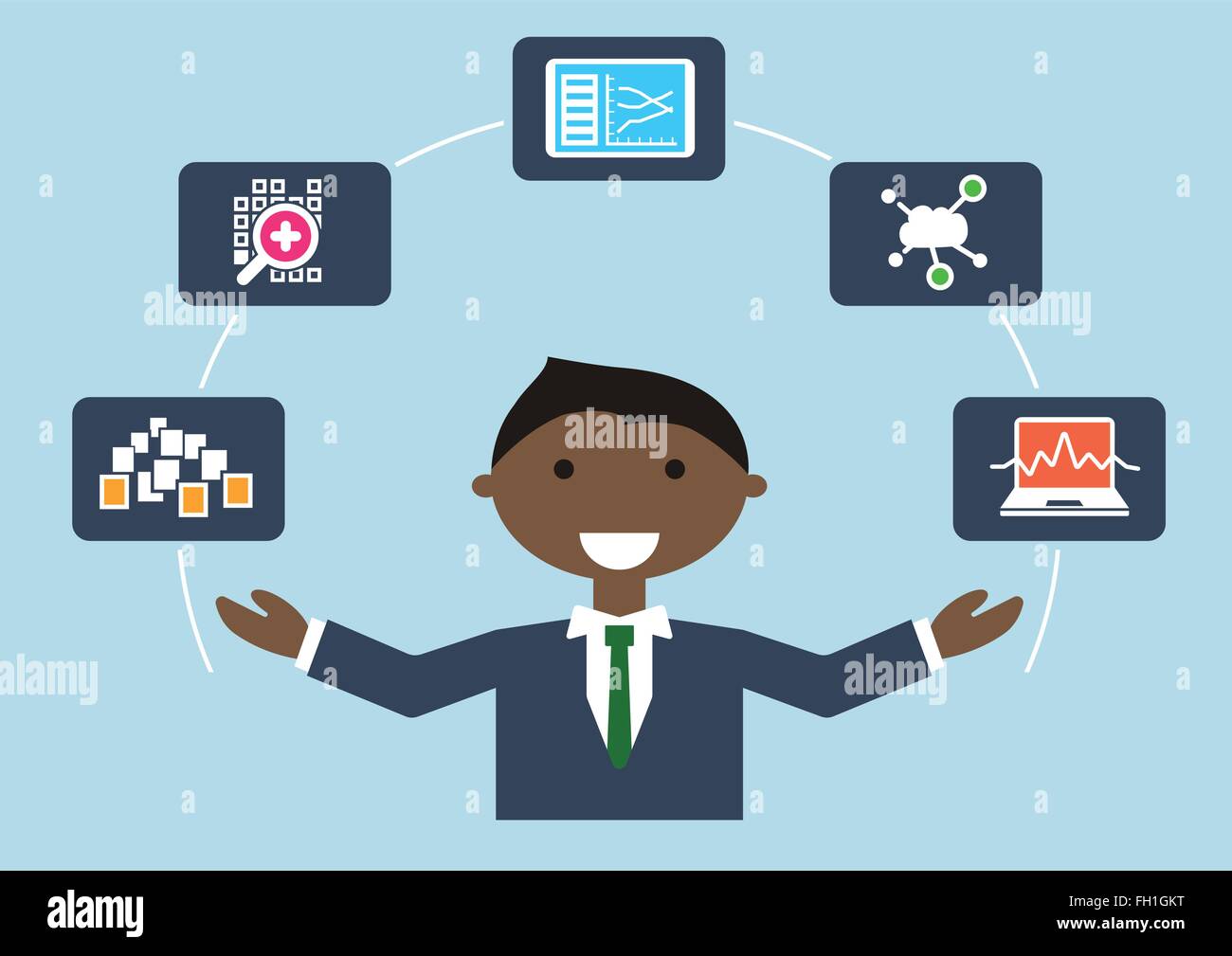 Vector Illustration of IT expert with job profile of a big data scientist or data analyst Stock Vector