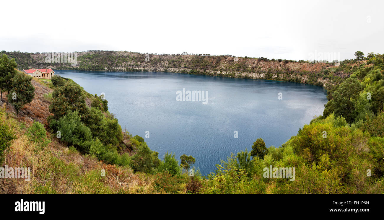 Panorama of the Blue Lake, a crater lake in an extinct volcanic maar in Mount Gambier, South Australia, Australia. Stock Photo