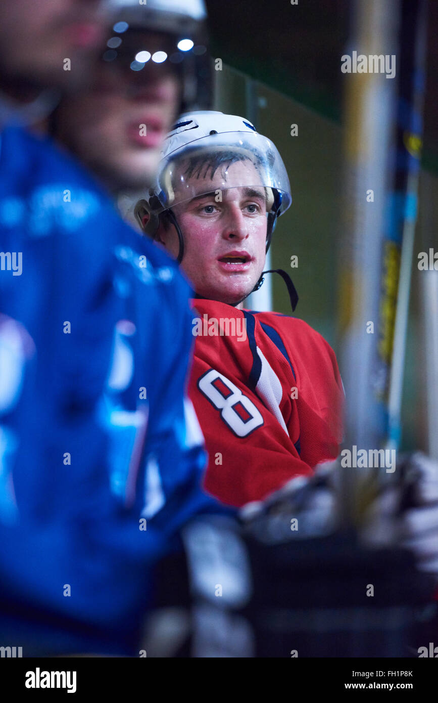 ice hockey players on bench Stock Photo Alamy
