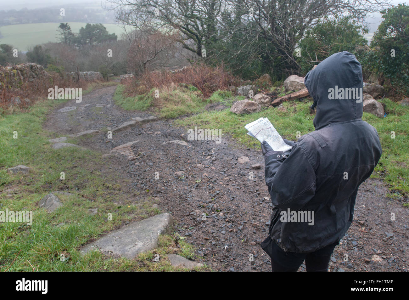 A woman reading an ordnance survey map on Dartmoor, UK Stock Photo