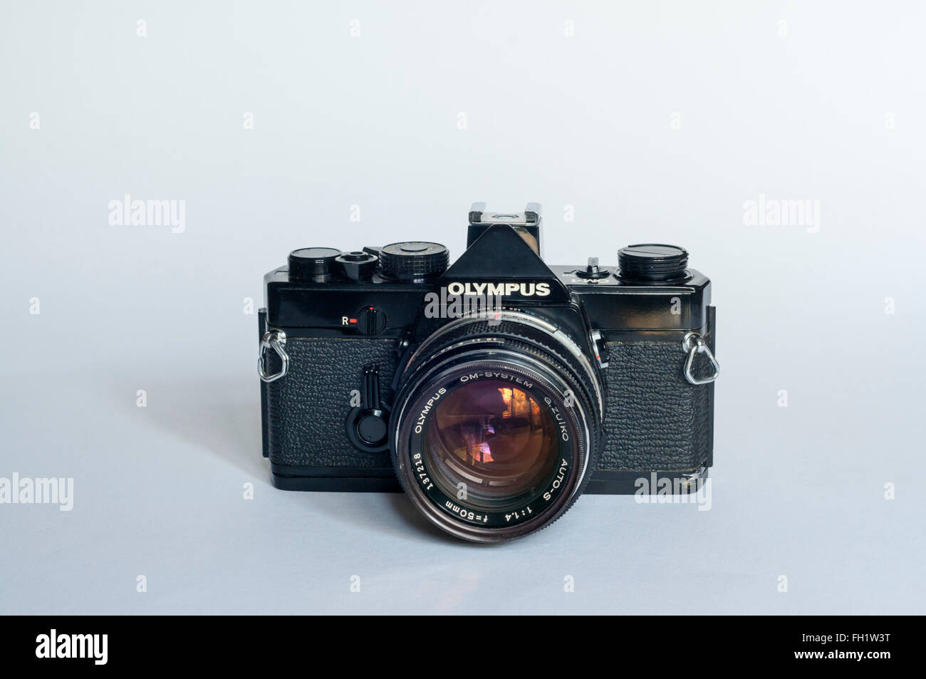 An Olympus OM1 single lens reflex film camera. Stock Photo