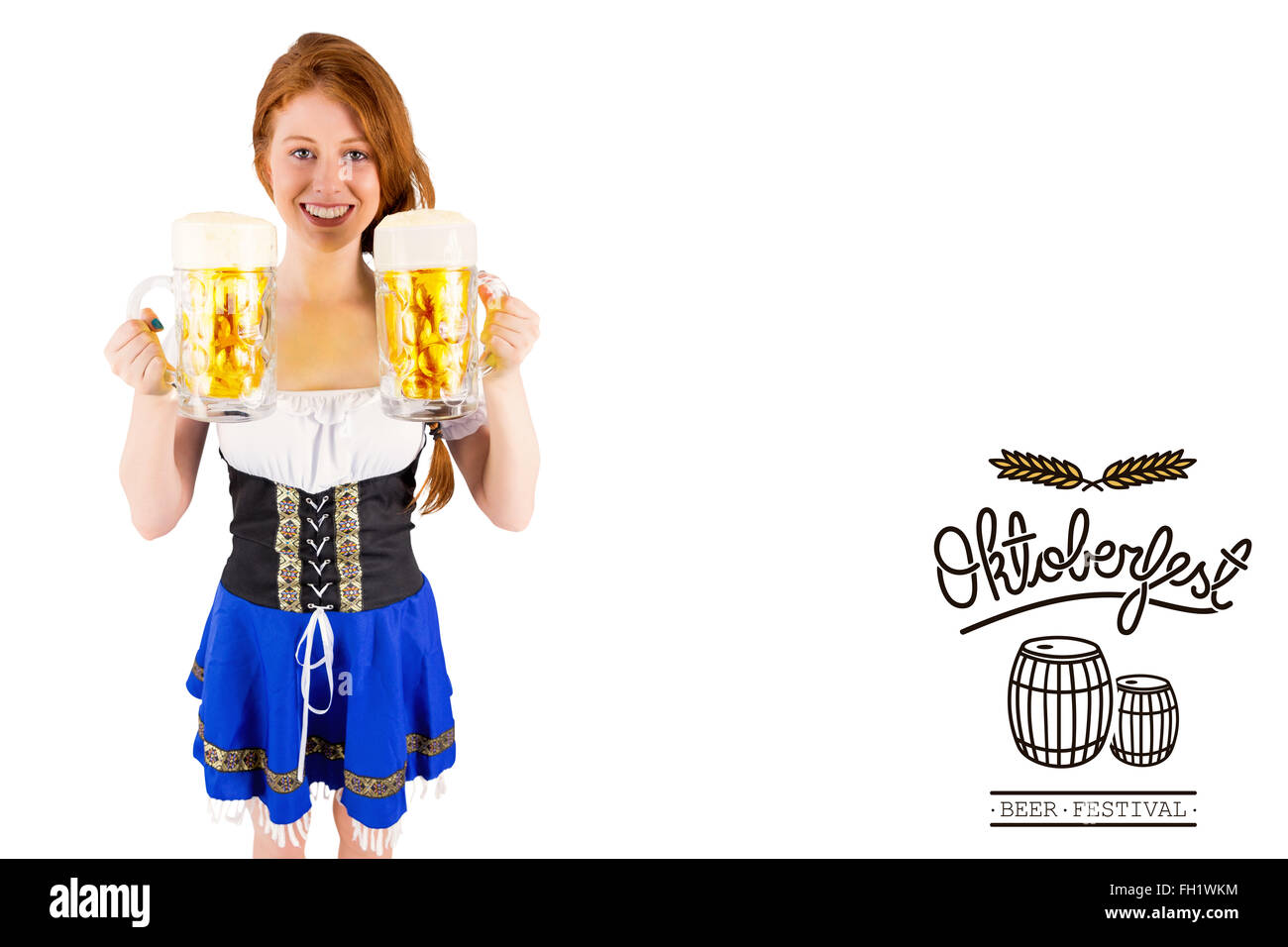 Composite image of oktoberfest girl holding jugs of beer Stock Photo