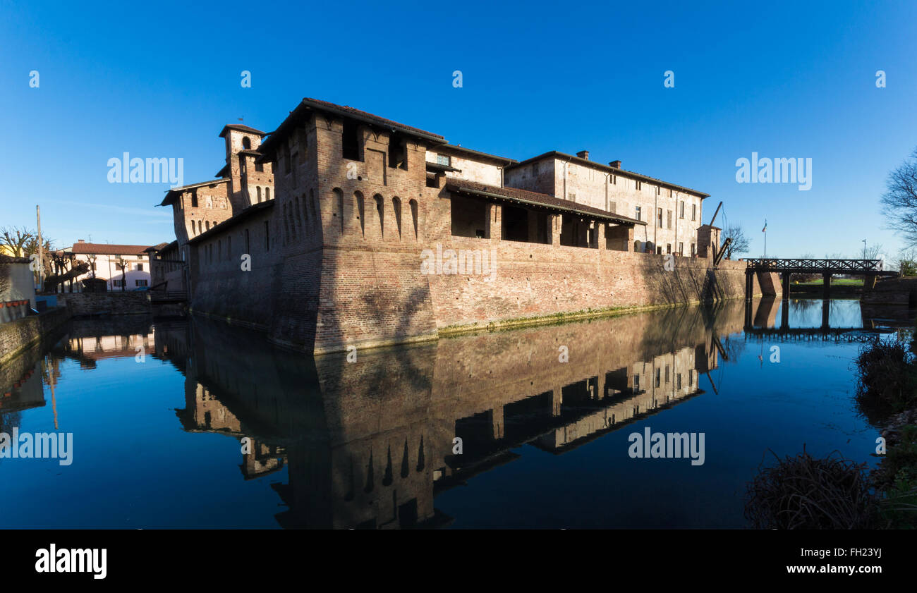 detail of north west edge of the ancient Visconteo Castle and his moat , Pagazzano Stock Photo