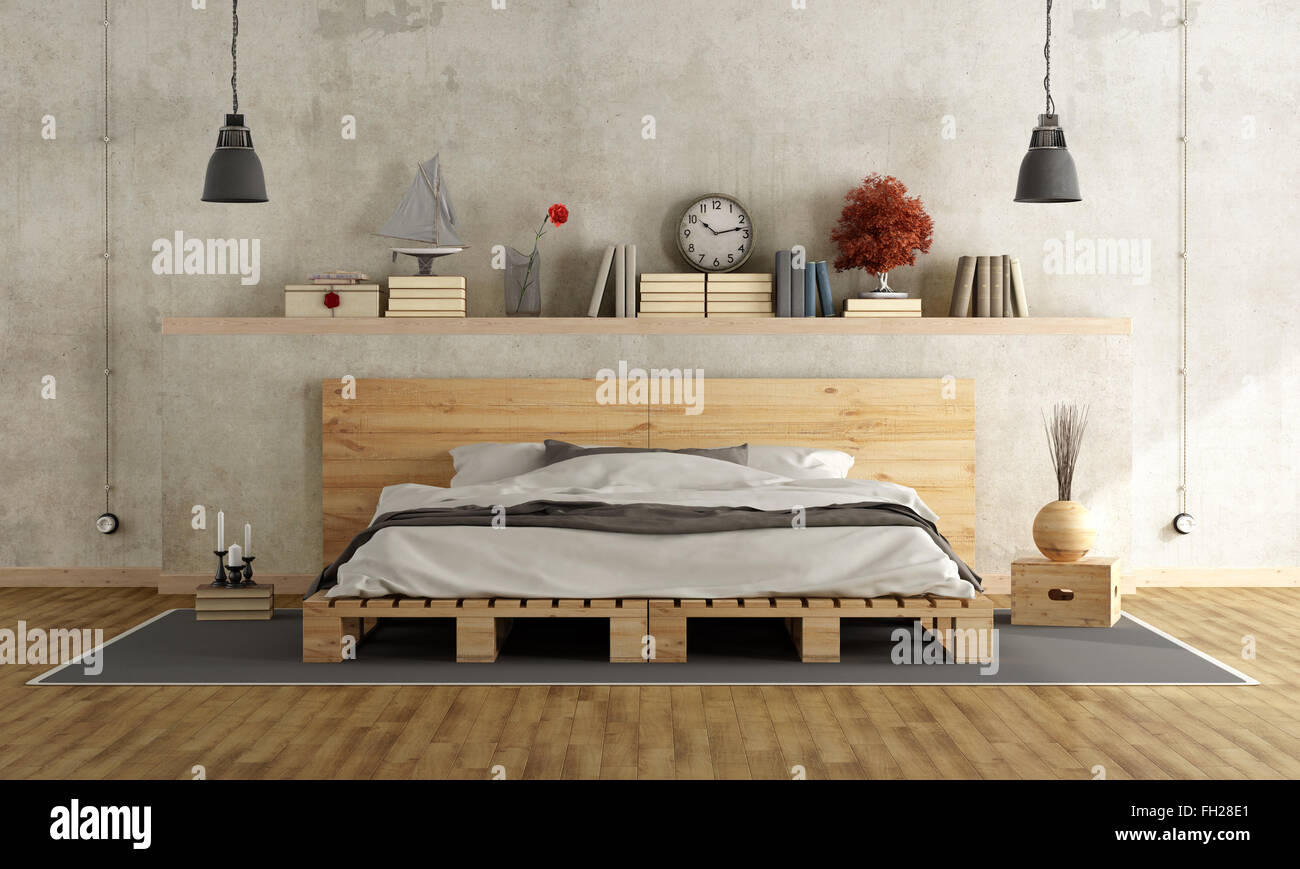 Bedroom with concrete wall, pallett bed and vintage objects on shelf - 3D Rendering Stock Photo