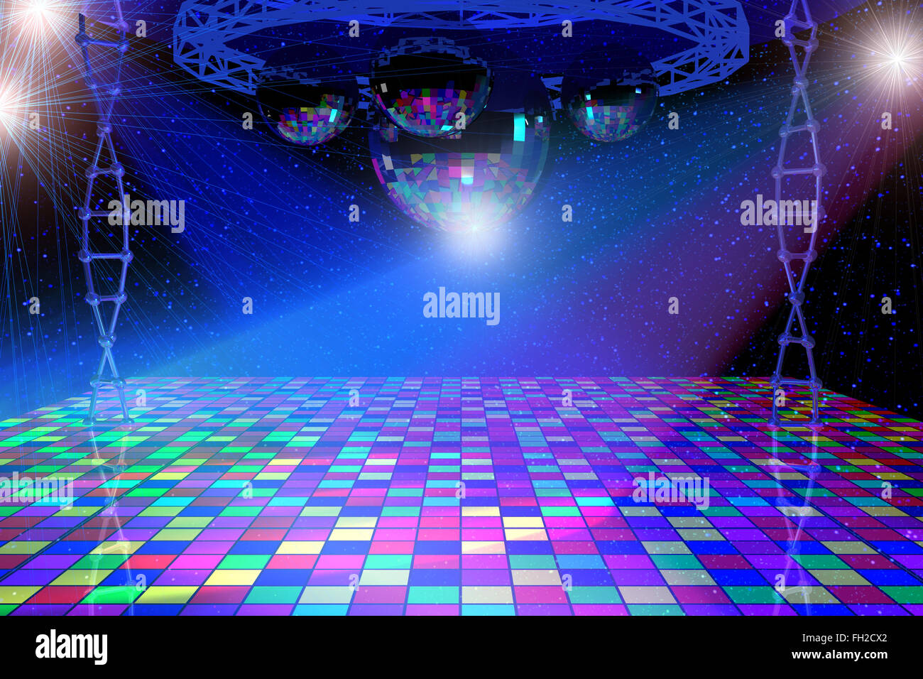 Disco lights background with mirror balls, chrome lattice and shining  stars. 3d illustration Stock Photo - Alamy