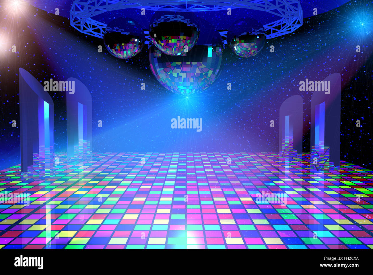 Disco lights background with mirror balls, chrome lattice and shining  stars. 3d illustration Stock Photo - Alamy