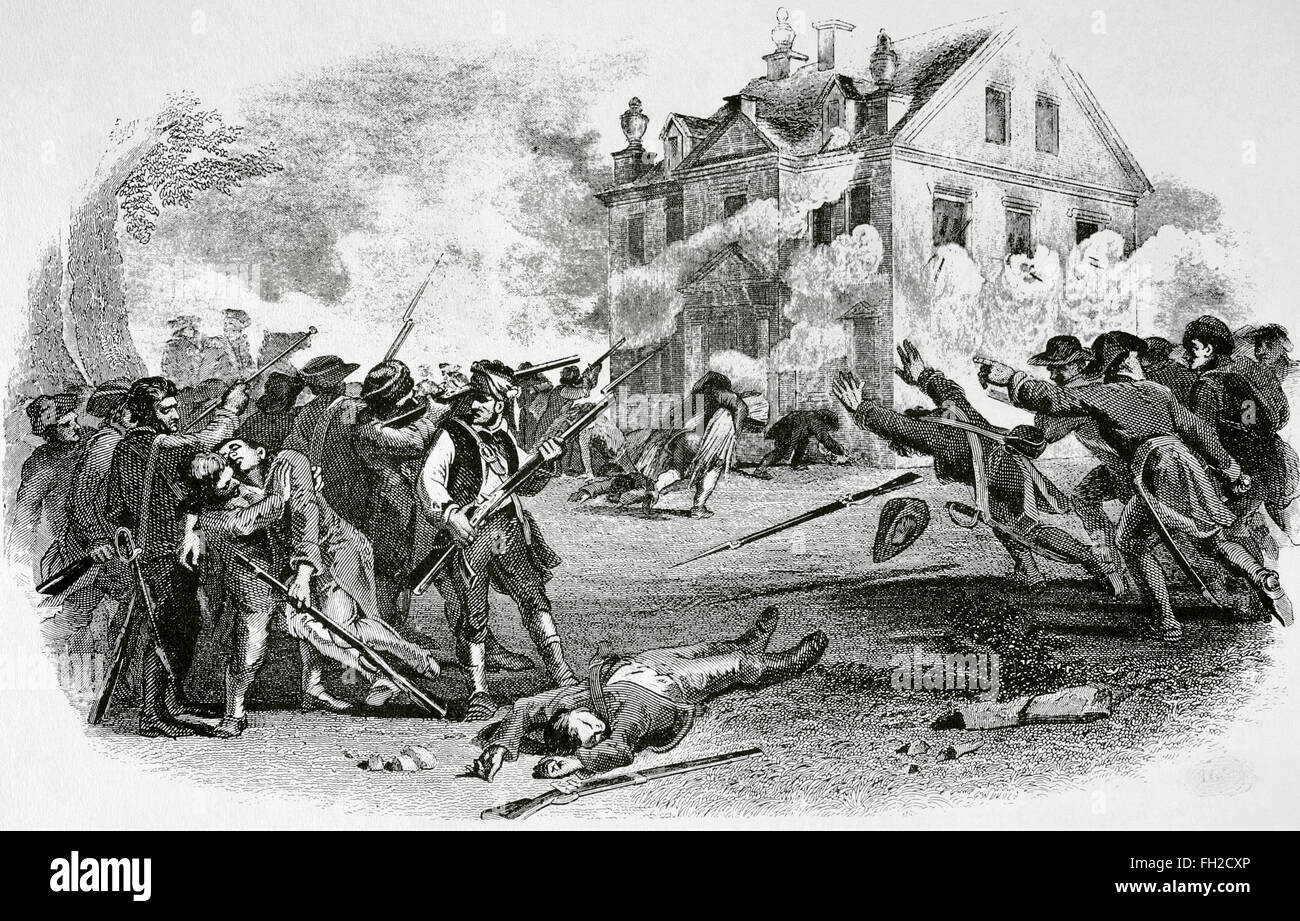American Revolutionary War (1775-1783). The Battle of Germantown, 1777. American revolutionary troops attack the Cliveden (Benjamin Chew House) in Germantown. Engraving. The American Revolution. 19th century. Stock Photo