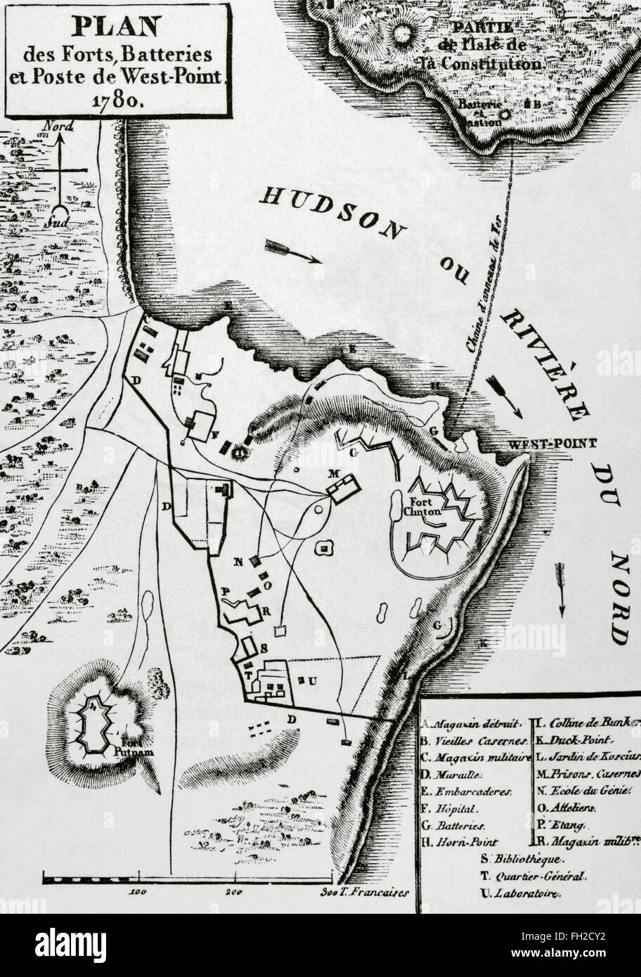 American Revolutionary War (1775-1783). Map of the defense network at West Point, including the Great Chain, Constitution Island, Fort Clinton, and Fort Putnam, 1780. Engraving. Stock Photo
