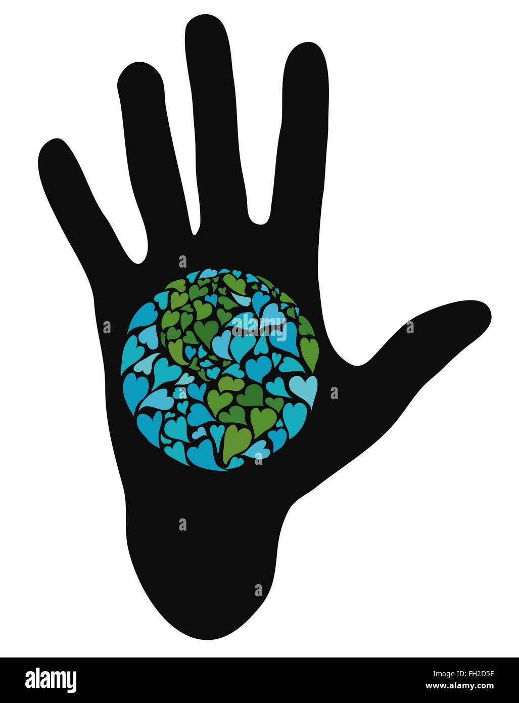 Hand showing planet earth made of hearts. Symbol of peace. America in the center. Stock Photo