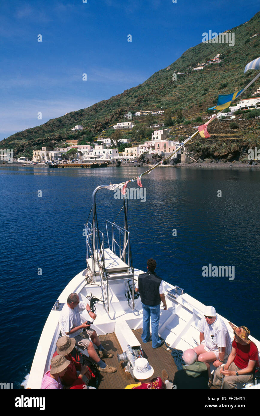 Tourist cruise ship near Alicudi, Aeolian Islands, Sicily, Italy, Europe Stock Photo