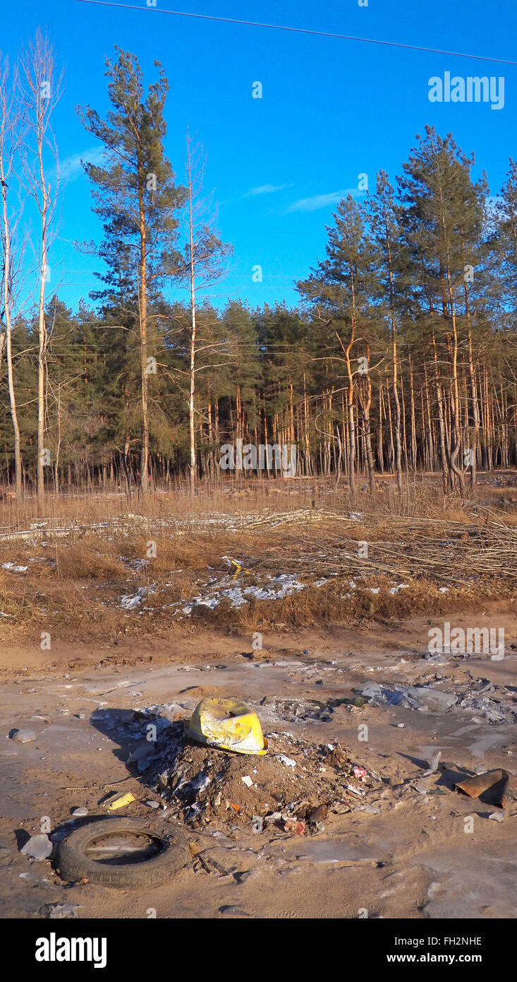 Dump on the background of the forest. Bright blue sky Stock Photo