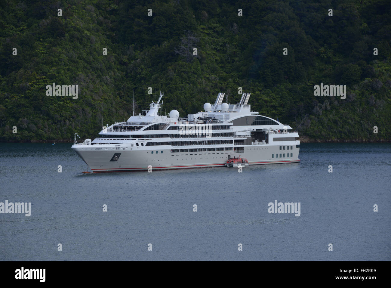 Le Soleal, French cruise ship at anchor off Picton, New Zealand Stock Photo