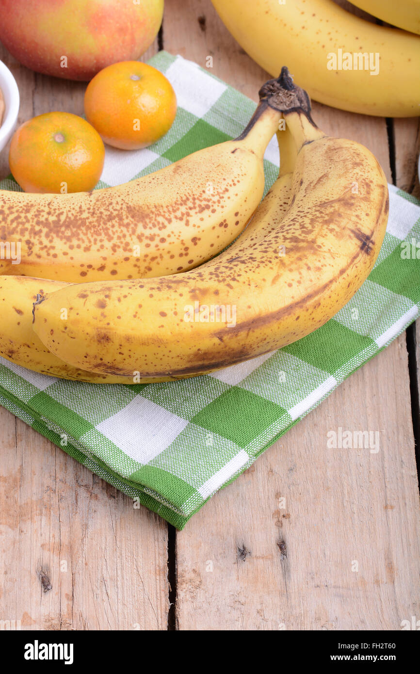 mandarin, bananas and apples, health fresh food close up Stock Photo