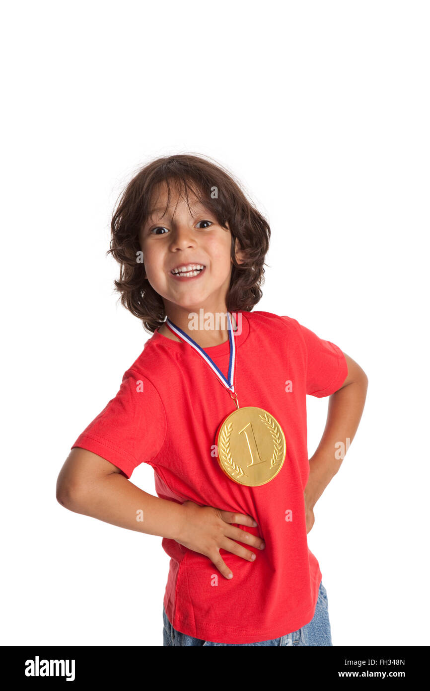Happy little boy with a first place medal on white background Stock Photo