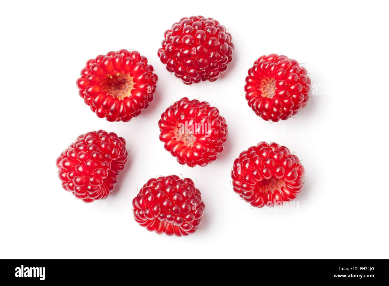 Red edible Japanese Wineberries Rubus phoenicolasius on white background Stock Photo
