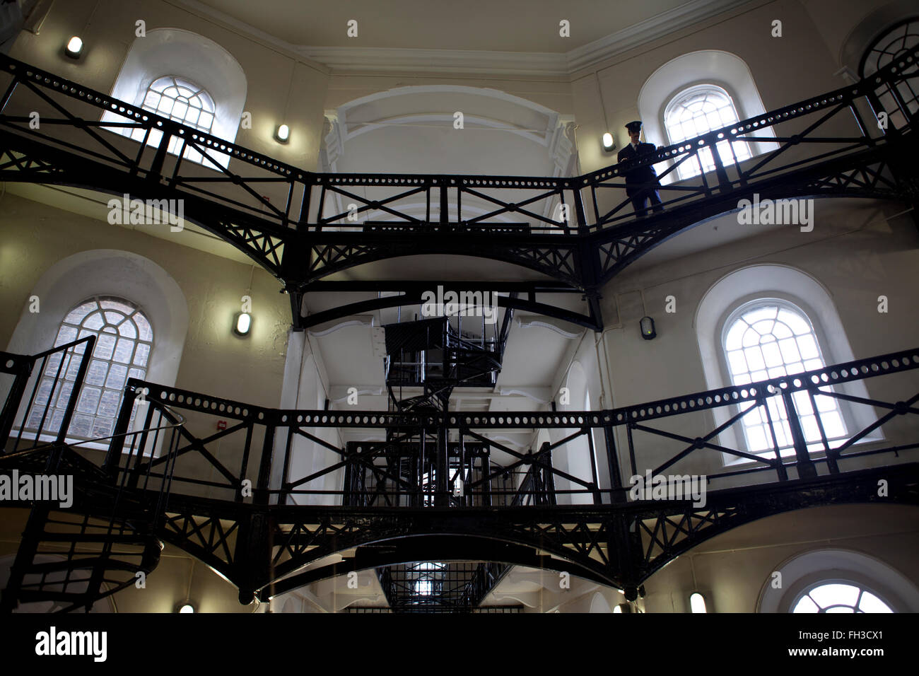 Belfast, UK. 21st February 2016. Decorative iron works on the 'Circle' which joins all the Wings of Crumlin Road Gaol Stock Photo