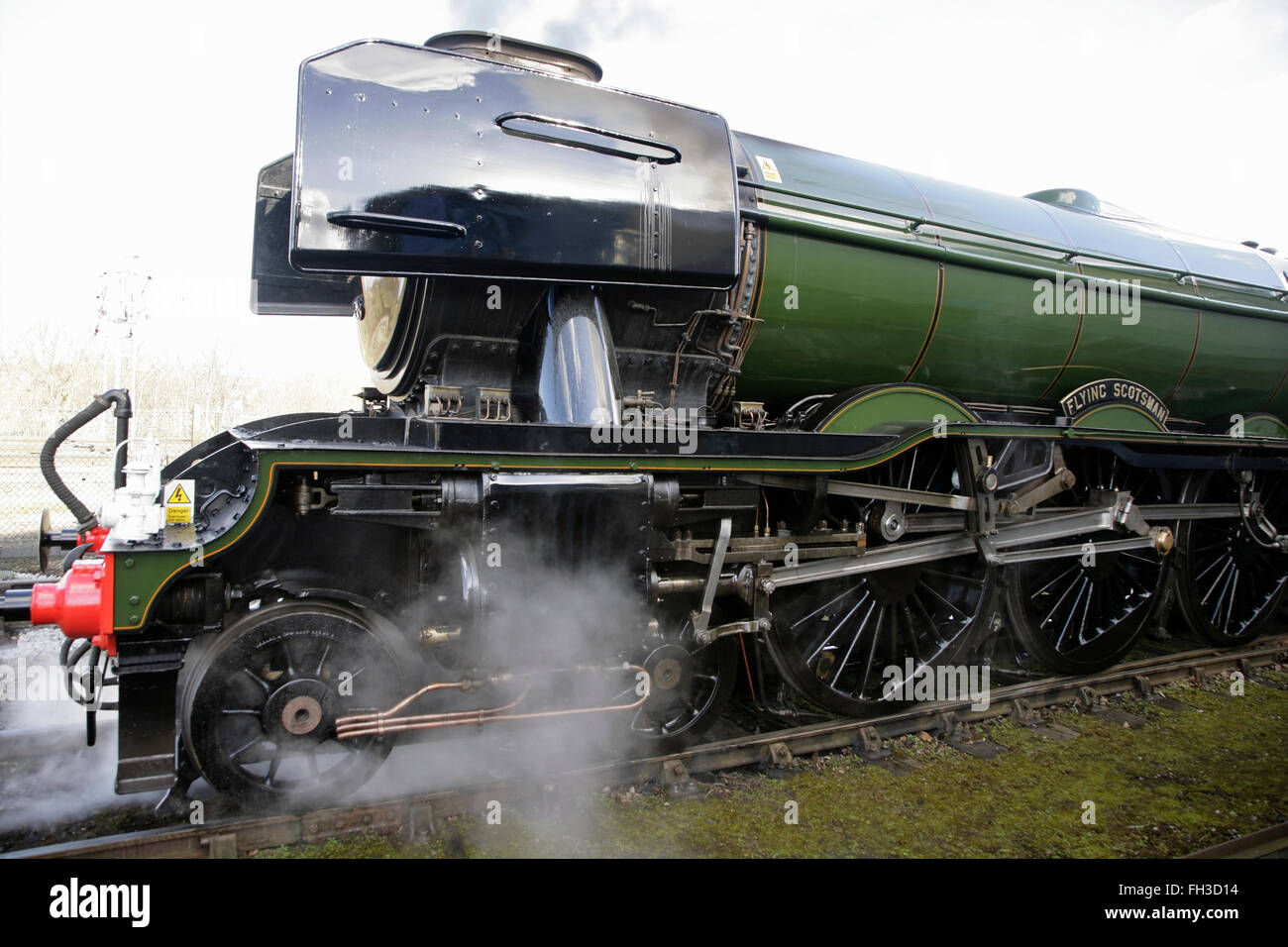 York, UK. 23rd February, 2016. The newly restored LNER A3 class locomotive “Flying Scotsman” prepares to travel from York to Scarborough on a final test run before its inaugural comeback journey from London King's Cross to York on Thursday 25 February. The locomotive, owned by the National Railway Museum (NRM), has been fully restored at a cost of £4.2 million and in addition to featuring in a new exhibition at the NRM's York location will be hauling special trains throughout the UK in the coming months. Credit:  david soulsby/Alamy Live News Stock Photo