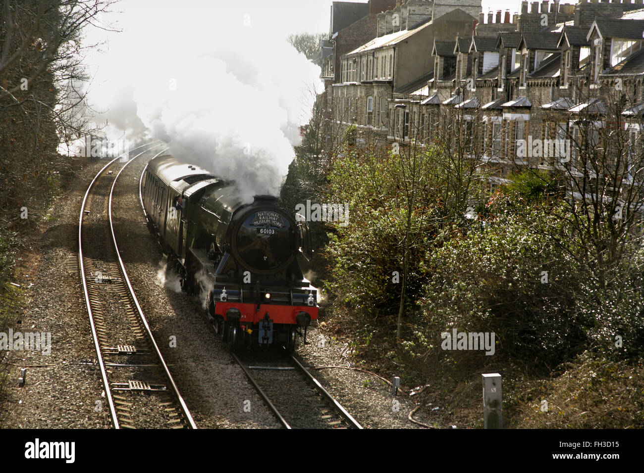 York, UK. 23rd February, 2016. Newly restored LNER A3 class locomotive “Flying Scotsman” leaves York on its way to Scarborough on a final test run before its inaugural comeback journey from London King's Cross to York on Thursday 25 February. The locomotive, owned by the National Railway Museum (NRM), has been fully restored at a cost of £4.2 million and in addition to featuring in a new exhibition at the NRM's York location will be hauling special trains throughout the UK in the coming months. Credit:  david soulsby/Alamy Live News Stock Photo