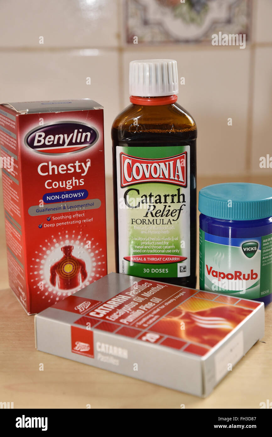 Cold cough catarrh medicines Benylin Covonia Vicks Vaporub catarrh pastilles Stock Photo