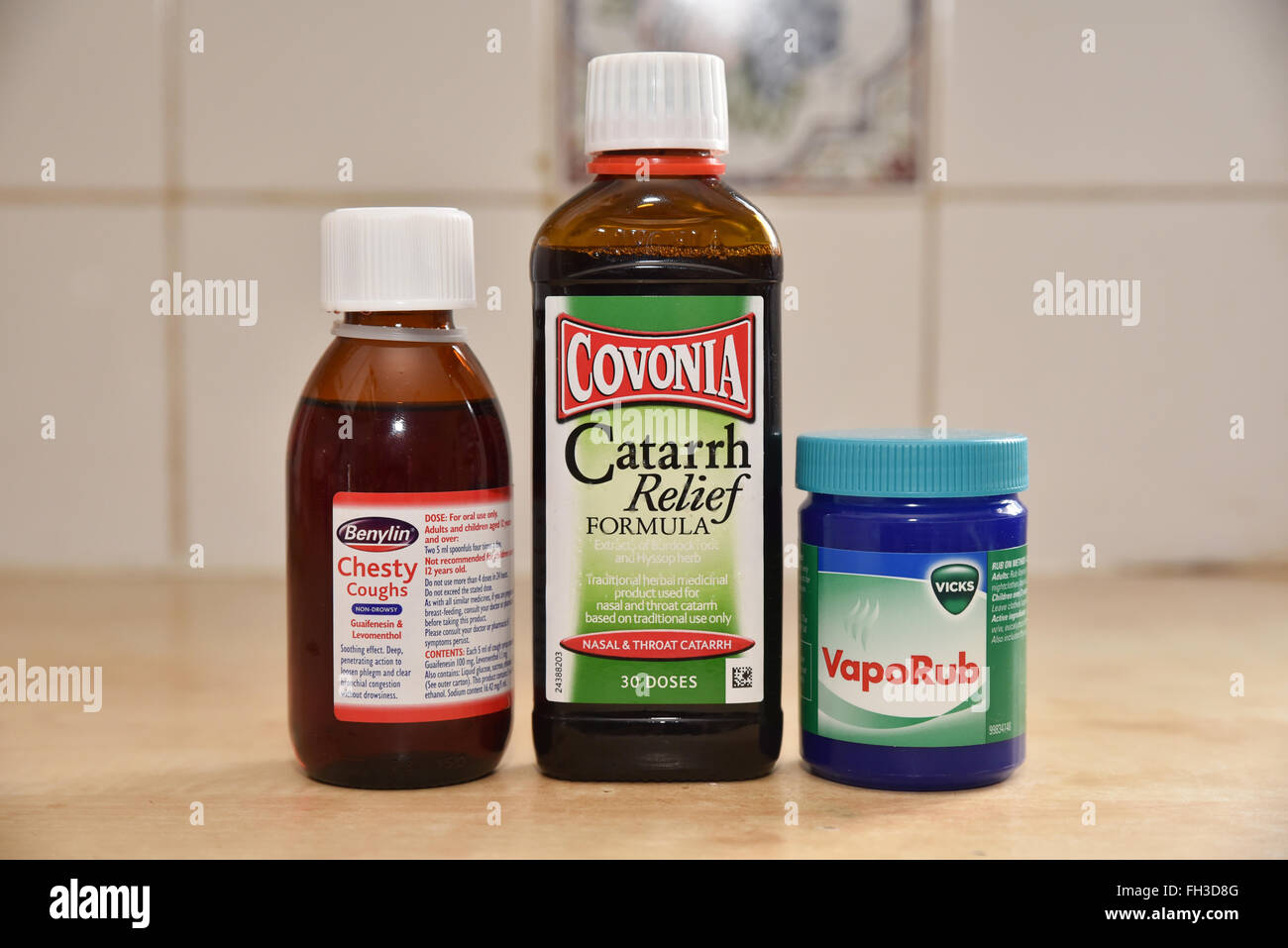 Cold cough catarrh medicines Benylin Covonia Vicks Vaporub catarrh pastilles Stock Photo