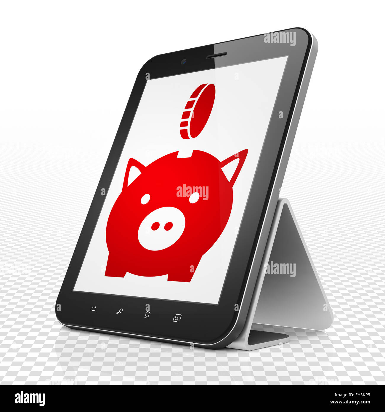 One Tablet One Coin Money concept: Tablet Computer with Money Box With Coin on display ...