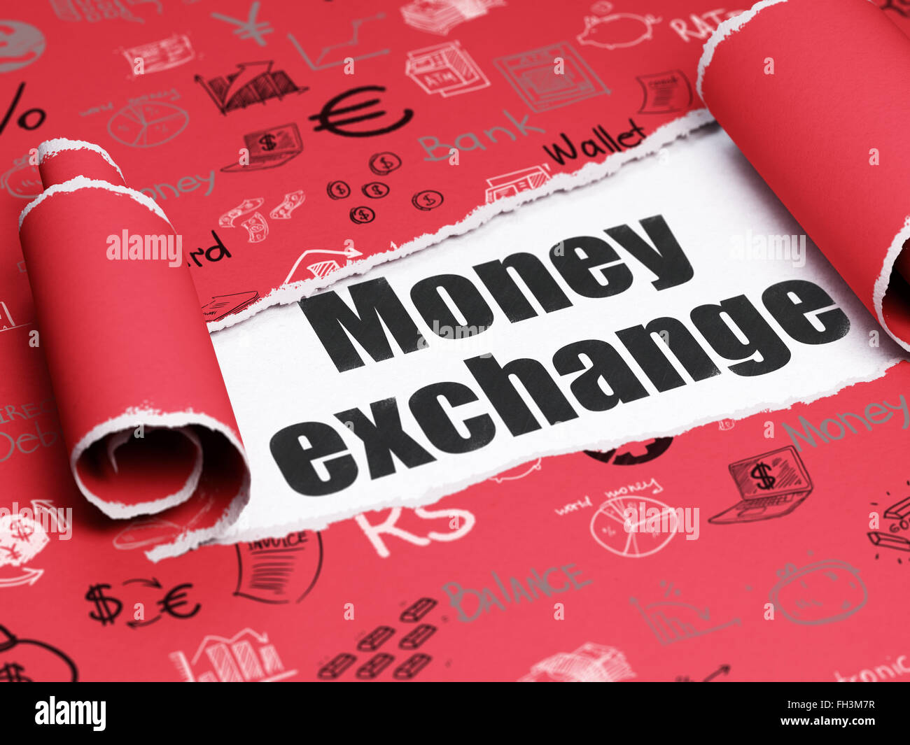 Currency concept black text Money Exchange under the piece of torn