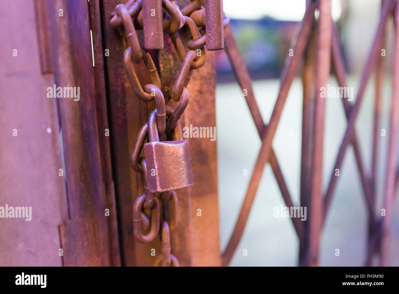 Closed Metal gate at night Stock Photo