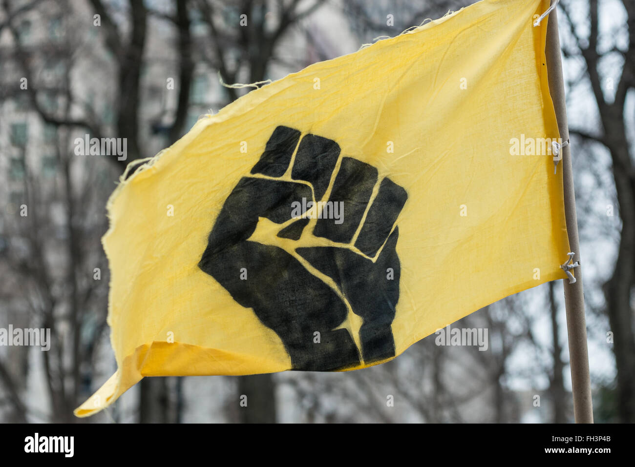 New York, United States. 23rd Feb, 2016. A flag bearing the image of a raised fist ubiquitous at popular movement rallies flies above the protesters as they rally outside City Hall. A confederacy of about a dozen prison reform activists rallied at City Hall in New York City to demand that it close the long-controversial Rikers Island Corrections facility where, among others, Kalief Browder, died; critics maintain that the prison is unsafe and prolonged detention of inmates at the facility is a violation of Constitutional due process rights. Credit:  Albin Lohr-Jones/Pacific Press/Alamy Live Ne Stock Photo