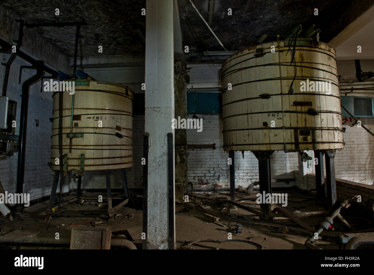 Vats still standing within the closed Cannon Brewery (Stones Brewery), Neepsend, Sheffield, South Yorkshire, UK Stock Photo