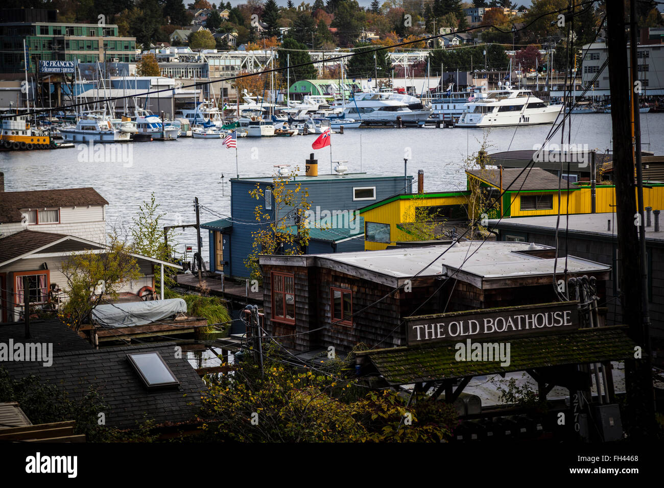 Houseboats and floating homes on Lake Union, Seattle, Washington Stock