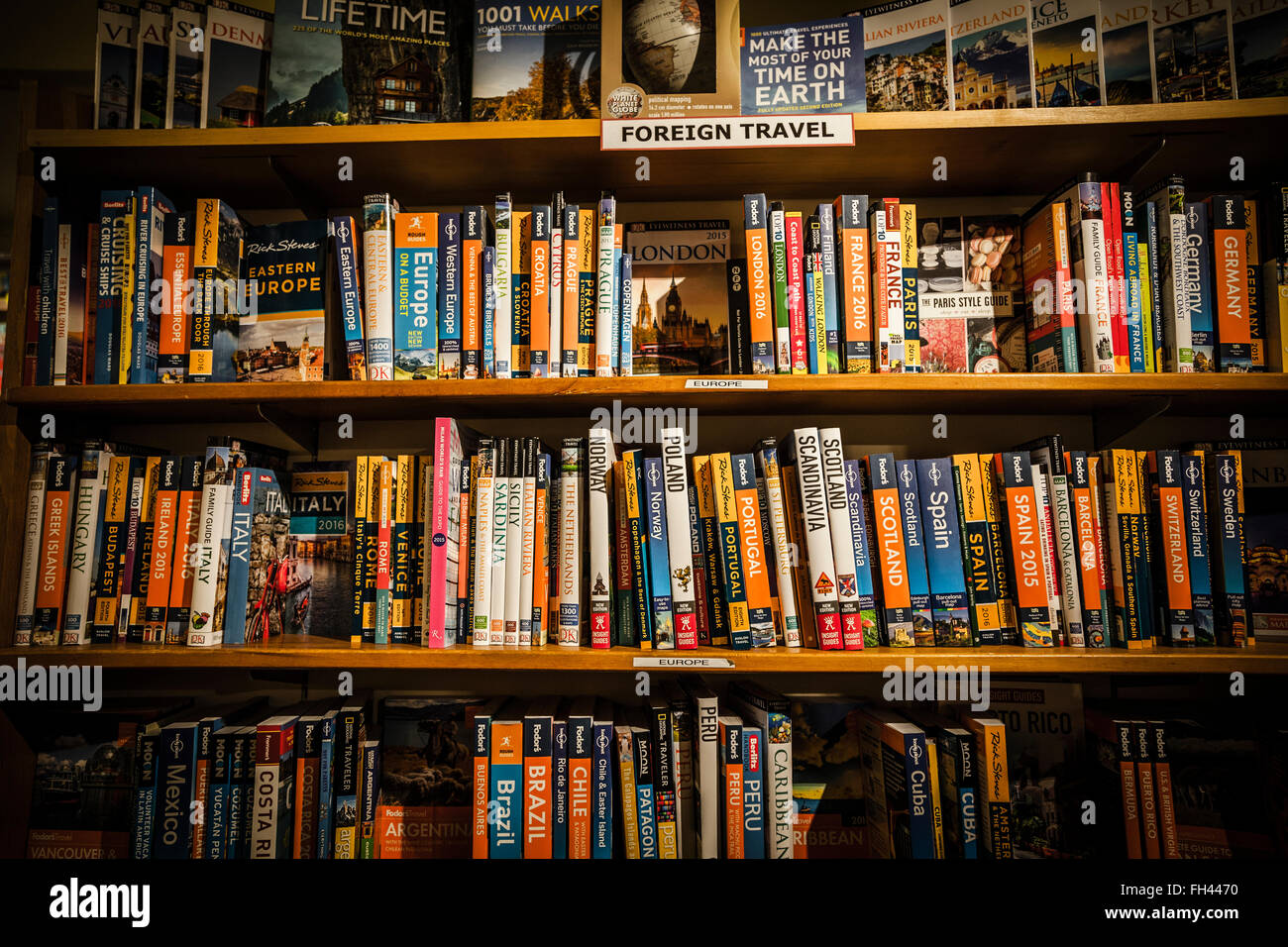 A bookshelf of travel books, Seattle bookstore, Washington state Stock