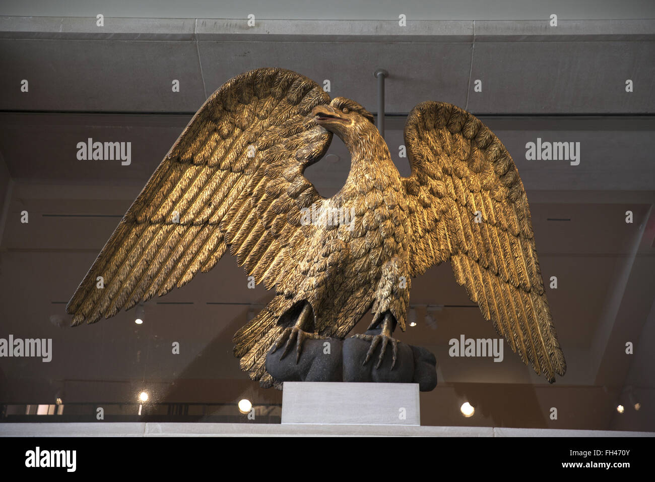 American Bald Eagle from the early 1800's at the Metropolitan Museum of Art in New York City. (Carved of wood and gilded) The American bald eagle was adopted by the United States Congress for the national seal in 1782. Stock Photo
