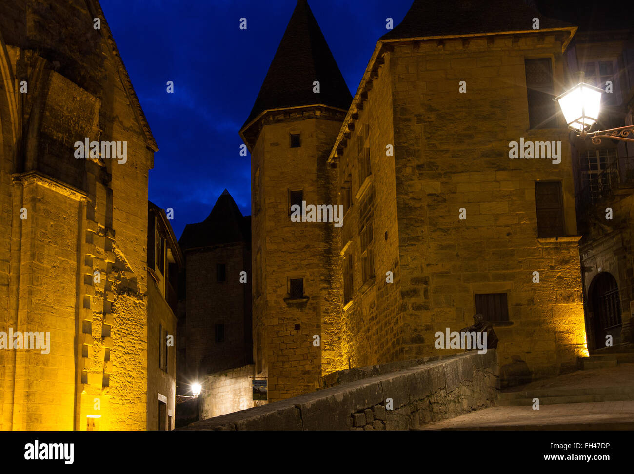 Twilight in the Medieval town of Sarlat Perigord Noir Dordogne Stock Photo