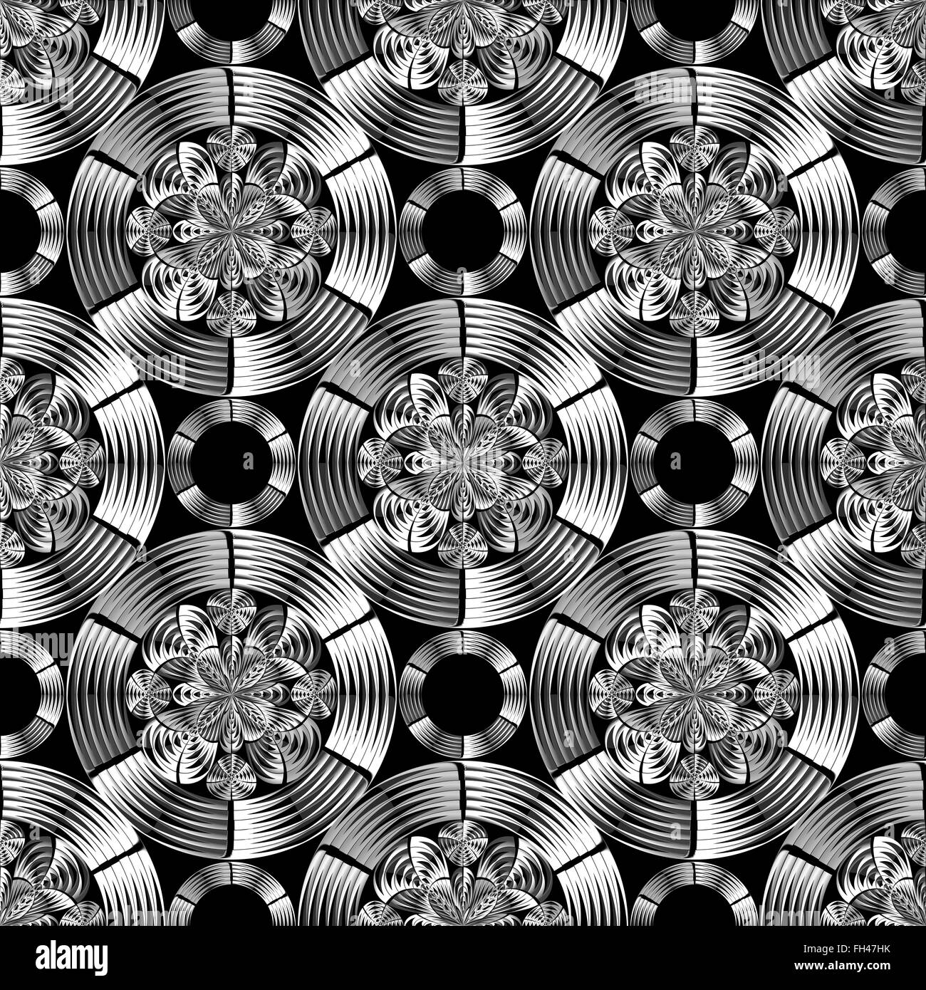 Shiny metallic damask geometric pattern in black and white. Digital art. Stock Photo