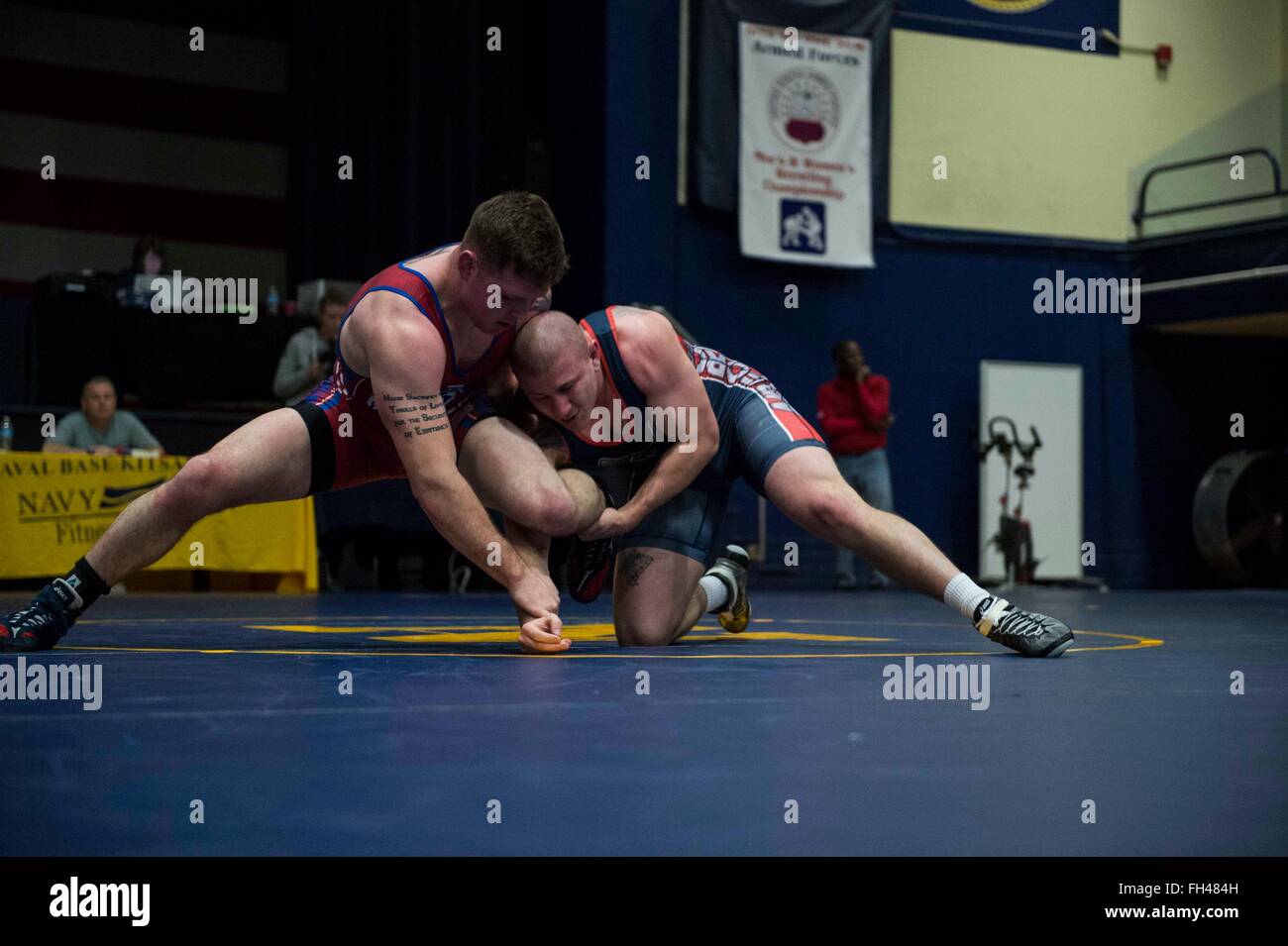 BREMERTON, Wash. (Feb 21, 2016) - Marine Corps Cpl. Dalton Weis fights a single leg takedown attempt against Air Force 1st Lt. Clayton Gable in a 86kg Freestyle wrestling match during the 2016 Armed Forces Championship at Naval Base Kitsap-Bremerton. The tournament is held over two days, one for Greco-Roman style wrestling and the other Freestyle, between the Army, Navy, Marine Corps and Air Force. Stock Photo