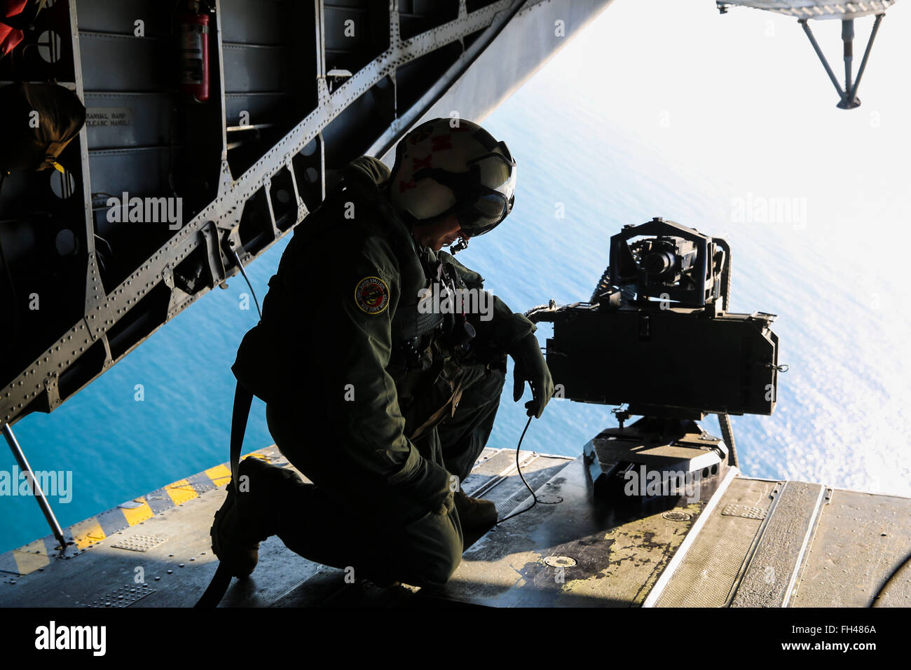 Sgt. Maj. Richard Charron, sergeant major of Marine Corps Air Station Miramar, Calif., goes on his final flight in a CH-53E Super Stallion with Marine Heavy Helicopter Squadron (HMH) 361, Feb. 22. Charron will retire March 2 after 30 years of service. Stock Photo