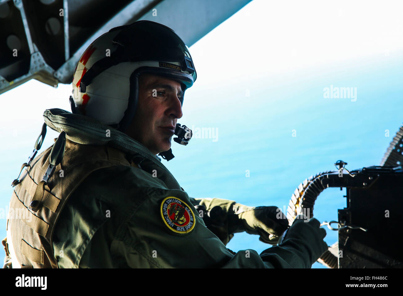 Sgt. Maj. Richard Charron, sergeant major of Marine Corps Air Station Miramar, Calif., goes on his final flight in a CH-53E Super Stallion with Marine Heavy Helicopter Squadron (HMH) 361, Feb. 22. Charron will retire March 2 after 30 years of service. Stock Photo