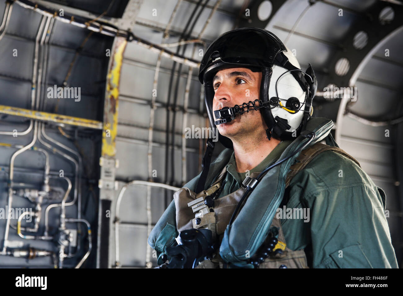 Sgt. Maj. Richard Charron, sergeant major of Marine Corps Air Station Miramar, Calif., goes on his final flight in a CH-53E Super Stallion with Marine Heavy Helicopter Squadron (HMH) 361, Feb. 22. Charron will retire March 2 after 30 years of service. Stock Photo