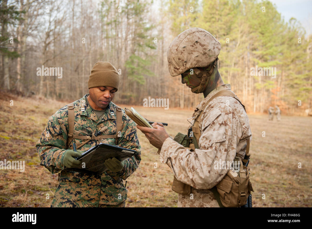 Candidates assigned to Delta Company, Officer Candidates Class-221, are evaluated as members of a fire team during the Small Unit Leadership Evaluation 1 at Brown Field, Marine Corps Base Quantico, Va., on Feb. 22, 2016. The mission of Officer Candidates School (OCS) is to 'educate and train officer candidates in Marine Corps knowledge and skills within a controlled, challenging, and chaotic environment in order to evaluate and screen individuals for the leadership, moral, mental, and physical qualities required for commissioning as a Marine Corps officer.' Stock Photo