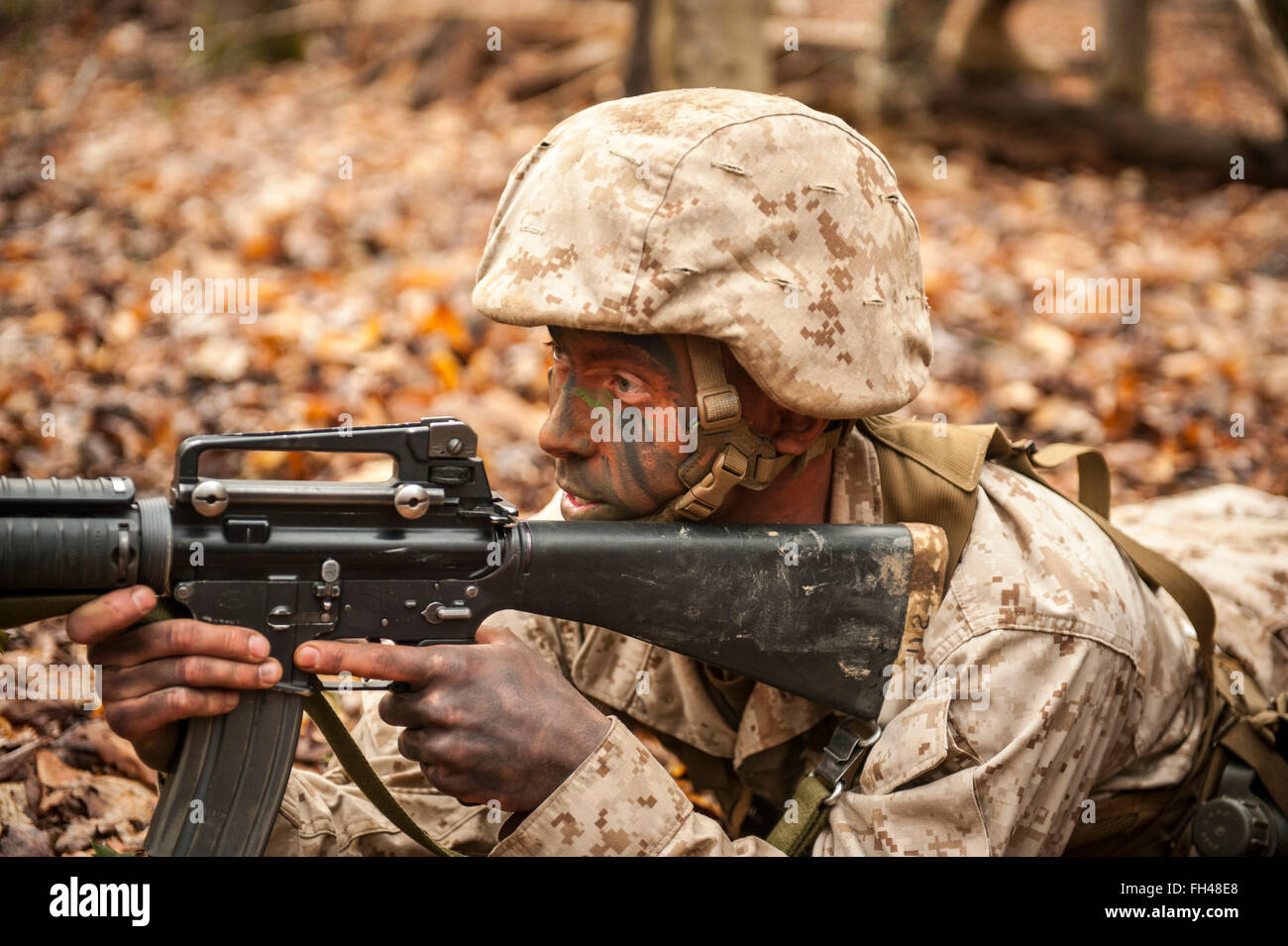 Candidates assigned to Delta Company, Officer Candidates Class-221, are evaluated as members of a fire team during the Small Unit Leadership Evaluation 1 at Brown Field, Marine Corps Base Quantico, Va., on Feb. 22, 2016. The mission of Officer Candidates School (OCS) is to 'educate and train officer candidates in Marine Corps knowledge and skills within a controlled, challenging, and chaotic environment in order to evaluate and screen individuals for the leadership, moral, mental, and physical qualities required for commissioning as a Marine Corps officer.' Stock Photo