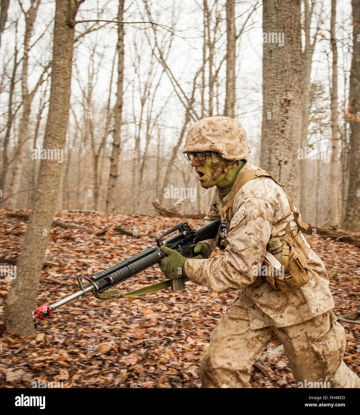 Candidates assigned to Delta Company, Officer Candidates Class-221, are evaluated as members of a fire team during the Small Unit Leadership Evaluation 1 at Brown Field, Marine Corps Base Quantico, Va., on Feb. 22, 2016. The mission of Officer Candidates School (OCS) is to 'educate and train officer candidates in Marine Corps knowledge and skills within a controlled, challenging, and chaotic environment in order to evaluate and screen individuals for the leadership, moral, mental, and physical qualities required for commissioning as a Marine Corps officer.' Stock Photo